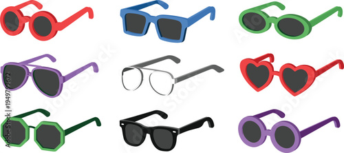 Colorful sunglasses collection with various frame shapes, isometric vector set for summer fashion design