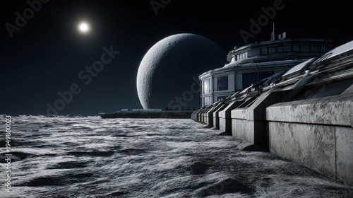 Lunar Base in Space against the backdrop of an alien planet