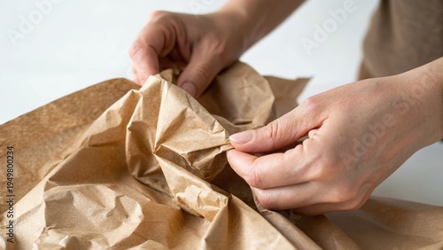Hands carefully wrapping an item with eco-friendly crumpled brown paper on a light surface.