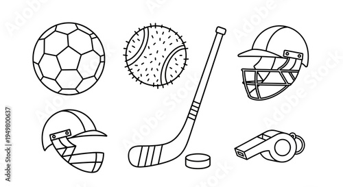 Set of 6 sports icons vector, soccer ball, baseball, hockey, helmets, whistle