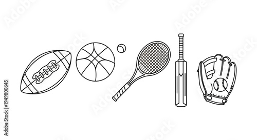 Set of 5 sports icons vector, football, basketball, tennis racket, baseball bat, baseball glove