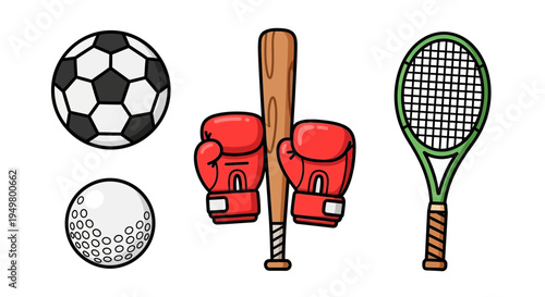 Set of 5 sports icons vector, soccer ball, golf ball, boxing gloves, baseball bat, tennis racket
