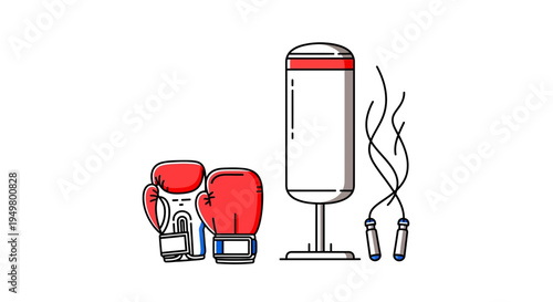 Set of 3 boxing icons vector, boxing gloves, punching bag, jump rope
