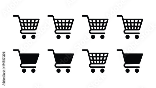 Shopping cart icon set vector, supermarket trolley symbols collection, black silhouette basket illustrations for retail and e-commerce, isolated vector design suitable for shopping apps