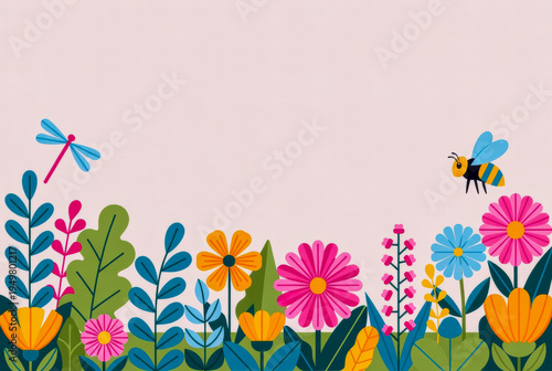 Whimsical Meadow Dance: A Flat Design Illustration of Dragonflies and Bees Soaring Above a Vibrant Field of Blooming Wildflowers