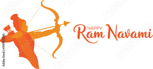 Orange silhouette of Lord Rama holding a bow and arrow with Happy Ram Navami typography for Hindu festival celebration, religious greeting card and poster