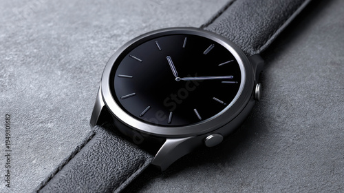 Stylish silver smartwatch featuring a sleek black display and leather strap