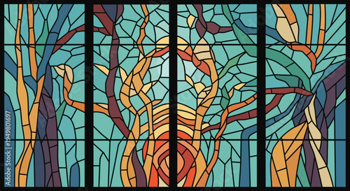 Abstract Stained Glass Window Art: Forest Sunrise