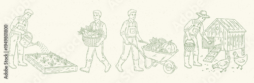 Line art vector set of farm life scenes with farmer pushing a wheelbarrow of vegetables, collecting eggs by a chicken coop, watering garden beds, and carrying a basket of vegetables. Minimal monochrom