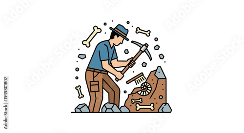 Archaeologist Excavating Fossils and Bones in Flat Design Style