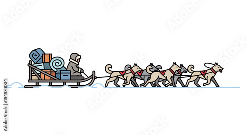 Arctic Expedition: Dog Sled Team Pulling Sleigh with Cargo Across Snow