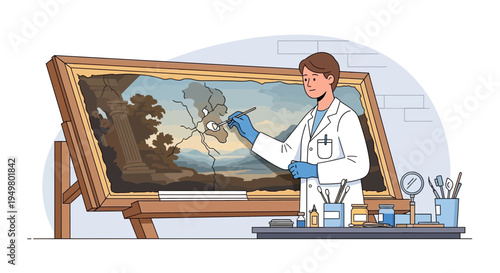 Art Restoration Expert Restoring Old Painting on Easel