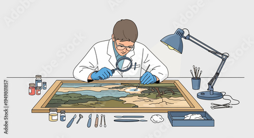 Art restorer examining painting with magnifying glass, conservation tools on table