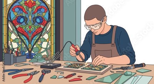 Artisan crafting stained glass window using soldering iron and tools
