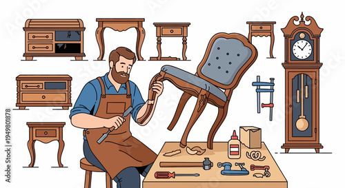 Artisan restoring antique chair with tools and furniture in background