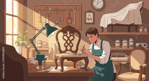 Artisan Restoring Antique Chair in Workshop