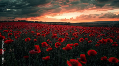 Red Poppies & Poppy Flowers in Field at Sunset Sky with Clouds, Dusk Twilight