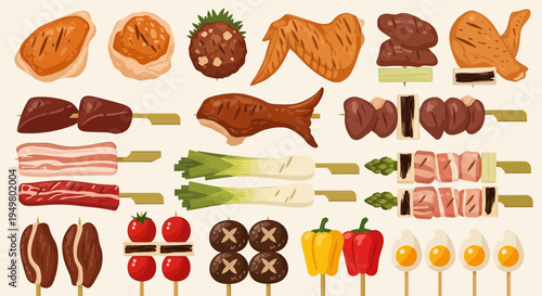 Assortment of Grilled Skewers and Food Items: Chicken, Meat, Fish, Vegetables, Eggs