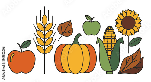 Autumn Harvest Icons: Pumpkin, Corn, Apple, Sunflower, Wheat, Leaves