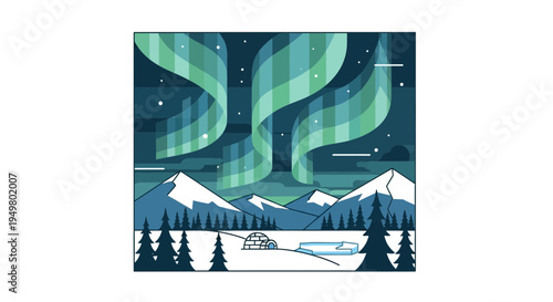 Aurora Borealis Over Snowy Mountains and Igloo Landscape