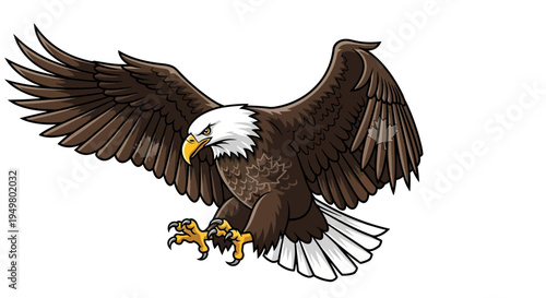 Bald Eagle Flying with Wings Spread Wide, Talons Extended, Isolated on White