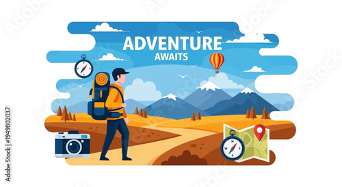 Backpacking adventure awaits, hiker with backpack, map, compass, camera, mountains