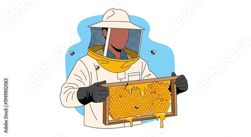 Beekeeper Holding Honeycomb Frame with Bees and Honey