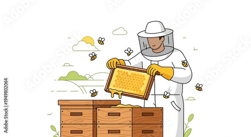 Beekeeper Inspecting Honeycomb Frame with Bees and Apiary