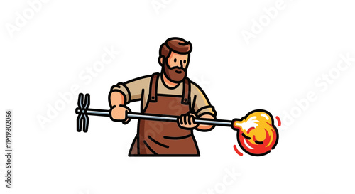 Bearded craftsman working with molten glass on blowing pipe