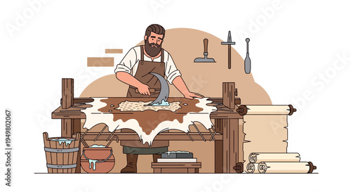 Bearded craftsman working with animal hide at a wooden workbench, historical craft
