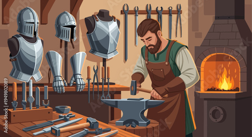 Blacksmith forging medieval armor in workshop with anvil and tools