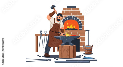 Blacksmith Hammering Glowing Metal on Anvil Near Forge