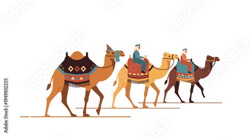 Camel Caravan Journey: Three riders on decorative camels, desert travel, flat design illustration