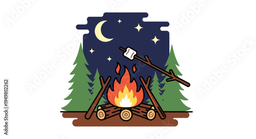Campfire night with marshmallow roasting, forest and starry sky