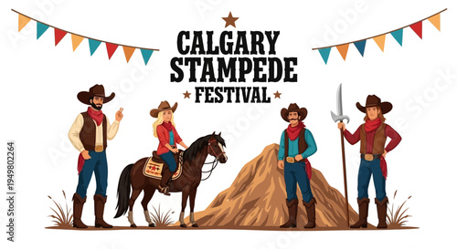 Calgary Stampede Festival Cowboys and Cowgirl on Horse with Flags