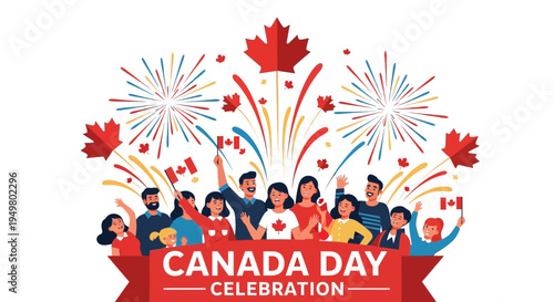 Canada Day Celebration: Diverse People Enjoying Fireworks with Maple Leaves