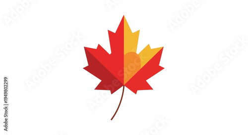 Canadian Maple Leaf Symbol, Red and Yellow Geometric Design with Sun Icon