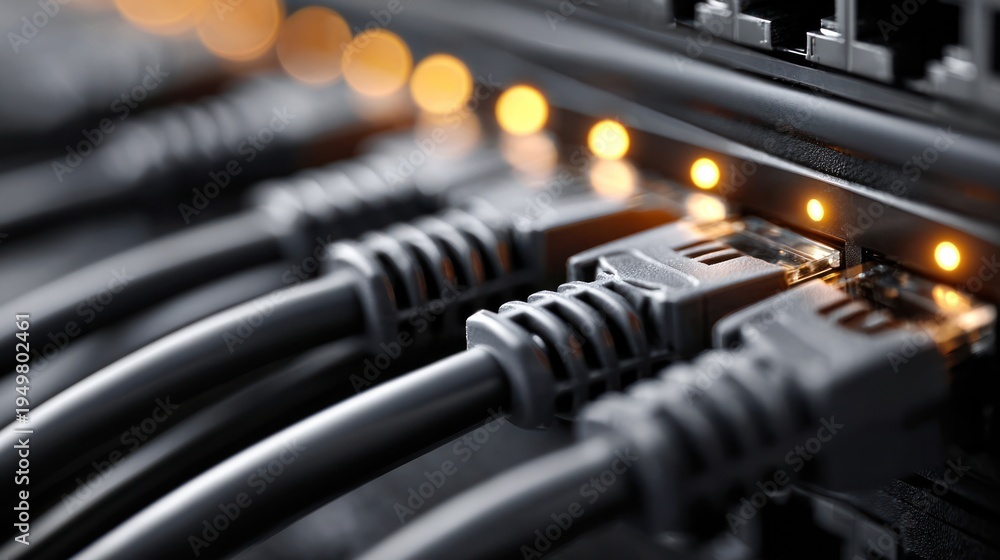 Naklejka premium Black ethernet network cables are plugged into a professional network switch with glowing orange status indicator lights in a dark server room.