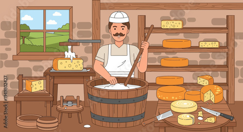 Cheese Maker Stirring Curds in Wooden Barrel, Dairy Farm, Traditional Food Production