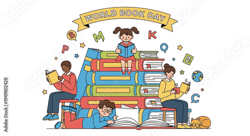 Children Reading Books on Stack of Books, World Book Day Celebration