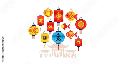 Chinese New Year Lanterns and Fish Decorations with Temple Silhouette