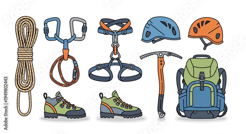 Climbing Gear Set: Rope, Harness, Helmet, Boots, Ice Axe, Backpack