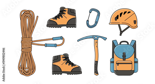 Climbing Gear Set: Rope, Boots, Helmet, Ice Axe, Backpack, Carabiner
