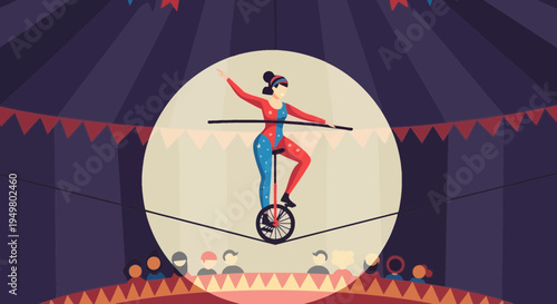 Circus performer on unicycle balancing on tightrope under spotlight, festive tent