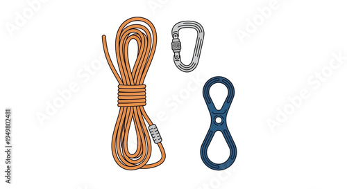 Climbing Gear: Rope, Carabiner, and Belay Device Isolated on White Background