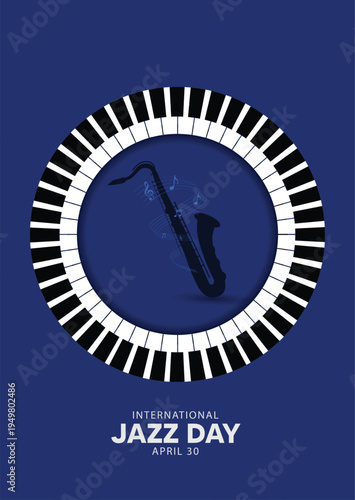 International Jazz Day music vector poster with piano keys saxophone artistic celebration