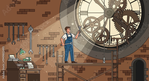 Clockmaker working on giant vintage clock mechanism with gears and tools