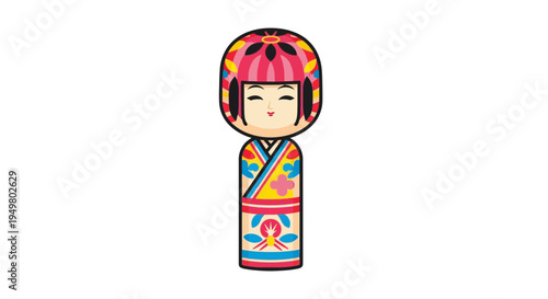 Colorful Japanese Kokeshi Doll Illustration on White Background
