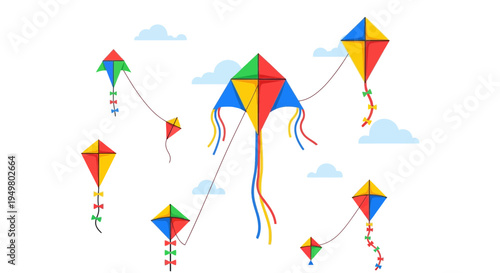 Colorful Kites Flying in a Clear Blue Sky with Clouds