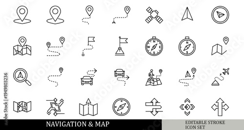 28 set of vector icons related to Navigation & Map. Location Pin, GPS Route Vector Pack. Editable stroke. Vector illustration.